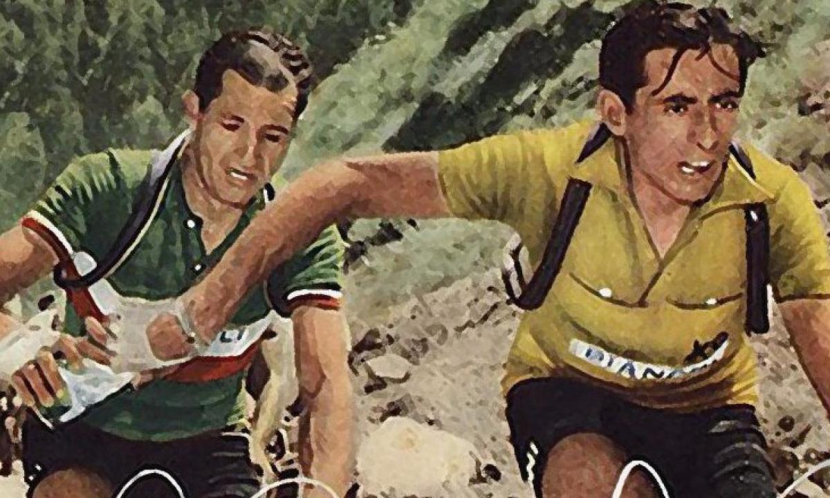 Rielaborazione digitale della celebre foto del "passaggio di borraccia" tra Coppi e Bartali, leali avversari per una vita intera sulle strande del ciclismo