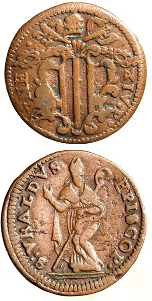 Quattrino a nome di Benedetto XIV (Cu, mm 21 per g 3,62) senza data (1740-1758) con sant'Ubaldo a figura intera al R/