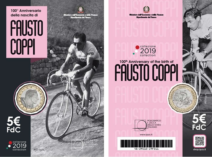 Il blister in cui IPZS commercializza i 5 euro bimetallici Fdc dedicati a Coppi