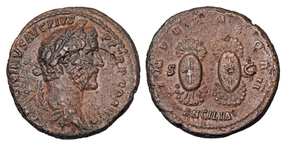 Asse di Antonino Pio, zecca di Roma, 143-144 d.C., al R/ coppia di "ancilia", RIC III 736a