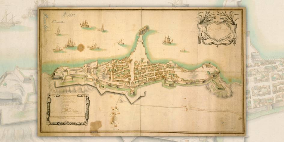 Un'altra dettagliata mappa acquerellata di Piombino che evidenzia il porto e le fortifgicaioni litoranee