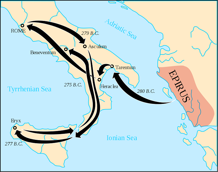 Cartina riassuntiva delle spedizioni militari pirriche in Italia meridionale e centrale fra il 280 e il 275 a.C.