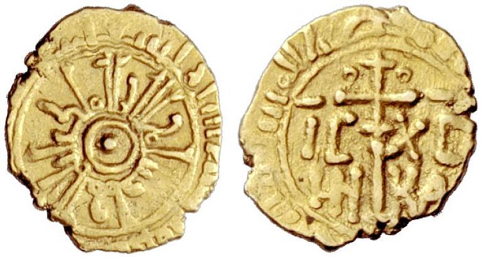 Tarì siciliano in oro da g 0,87 a nome di Guglielmo I coniato nel 1144-1166