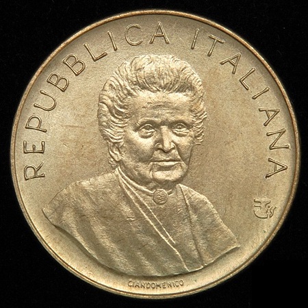 Maria Montessori al dritto delle 200 lire commemorative FAO del 1980