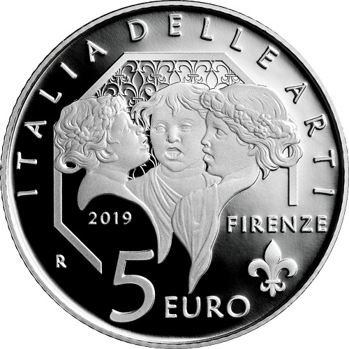I "Putti danzanti" del Della Robbia fanno gentile e suggestiva la 5 euro Italia delle arti 2019 (rovescio)