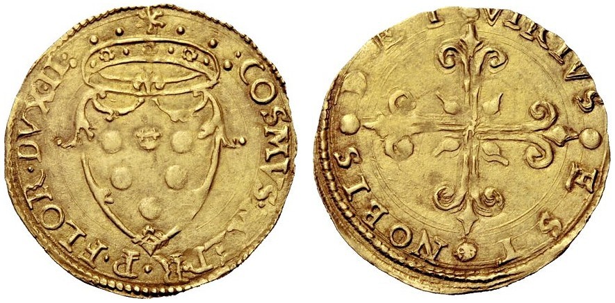 Scudo d'oro di Cosimo I de' Medici duca di Firenze, II periodo (1537-1557), D/ Stemma mediceo e corona ducale R/ Croce gigliata