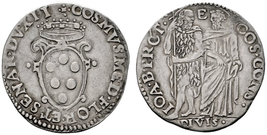 Giulio d'argento di Cosimo I de' Medici duca di Firenze e Siena, III periodo (1557-1569), D/ Stemma mediceo R/ I santi Giovanni Battista e Cosma in piedi