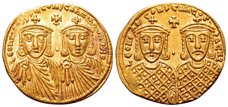 Solido di Leone IV con, affiancato, il figlio Costantino VI. Nel R/ Leone III e Costantino V. Oro, g 4,43