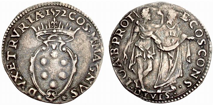 Giulio d'argento di Cosimo I de' Medici granduca di Toscana, IV periodo (1569-1574), D/ Stemma mediceo R/ I santi Giovanni Battista e Cosma in piedi