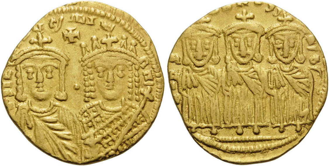 Solido di Costantino VI con, affiancata, la madre Irene. Nel R/ Leone III, Costantino V e Leone IV. Oro, gr. 4,44