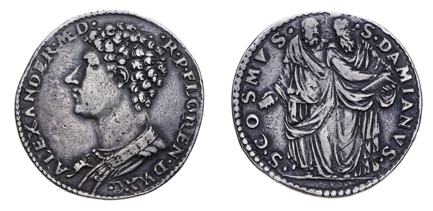 Testone d'argento, detto “riccio”, di Alessandro I de' Medici, 1533-1536, D/ Busto di Alessandro I R/ i santi Cosma e Damiano in piedi