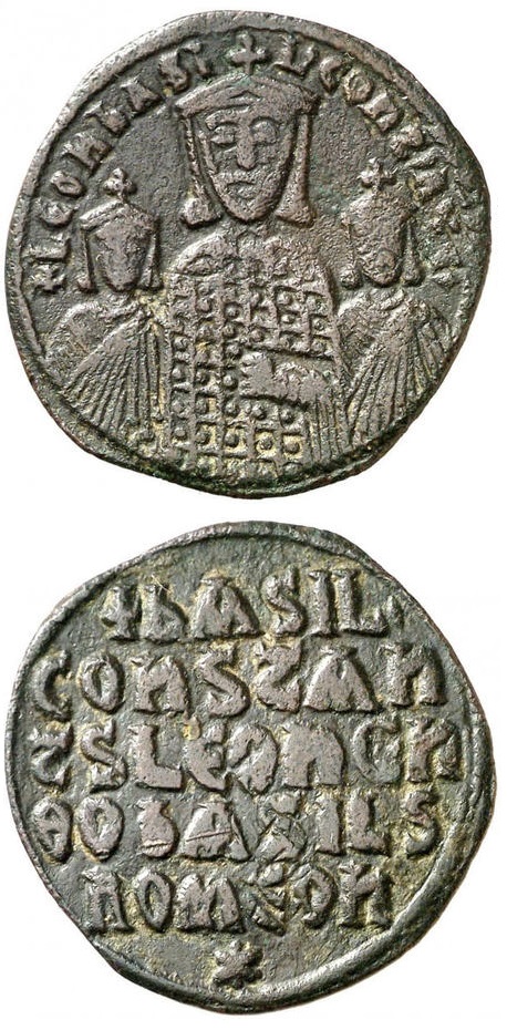 Follis di Basilio I, con Costantino e Leone VI. Bronzo, g 4,74