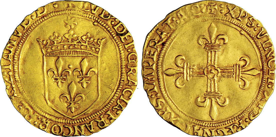 Scudo d'oro del sole, re di Francia Luigi XII, 1498-1515, D/ Stemma reale di Francia R/ Croce gigliata