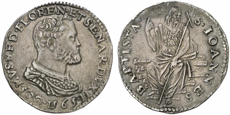 Testone d'argento datato di Cosimo I, 1565, D/ Busto di Cosimo I R/ san Giovanni Battista seduto