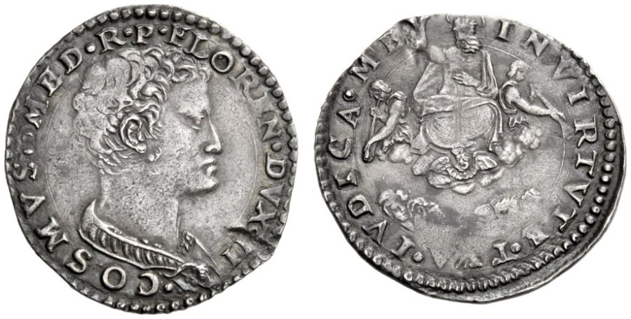 Lira d'argento di Cosimo I, 1537-1557, D/ Busto di Cosimo I a destra R/ il Giudizio Universale