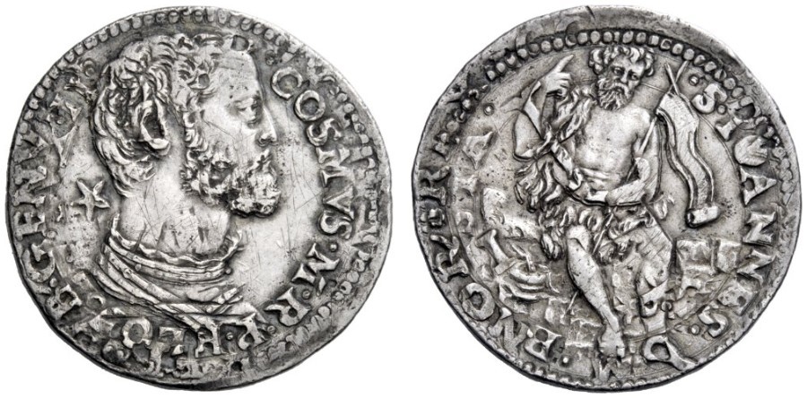 Stellino d'argento di Cosimo I, 1554-1557,D/ Busto di Cosimo I a destra, con stella dietro al collo R/ san Giovanni Battista seduto