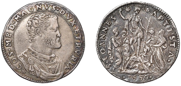 Mezza Piastra d'argento di Cosimo I Granduca di Toscana, 1569, D/ Busto di Cosimo I R/ san Giovanni Battista predicante