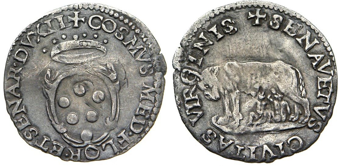 Mezzo Giulio d'argento di Cosimo I, 1557-1569, D/ Stemma mediceo R/ Lupa senese 