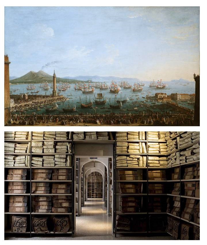 Un dipinto raffigurante il porto di Napoli nel XVIII secolo e uno scorcio degli archivi storici della Fondazione Banco di Napoli