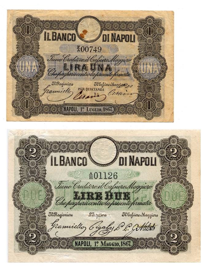 Fedi di credito di piccolo taglio del Banco di Napoli: da 1 lira emessa nel 1867 e da 2 lire emessa nel 1867