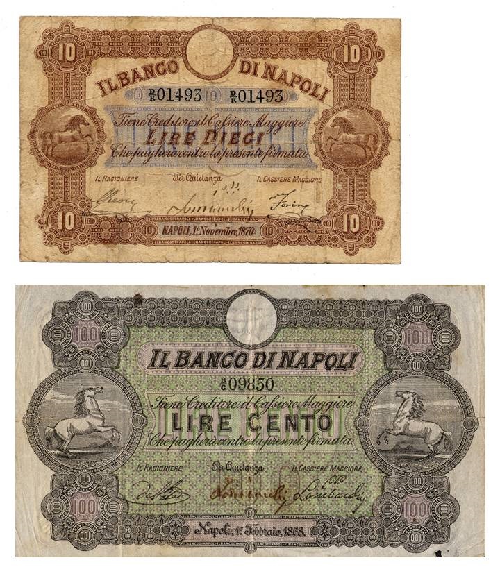  Fede di credito da 10 lire emessa nel 1870  e alto valore da 200 lire emesso nel 1877 con i due "cavallini" al galoppo