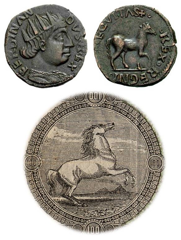 Un bell'esemplare di cavallo napoletano di Ferdinando I d'Aragona (rame, mm 17,5 per g 2,2 ca) e il tondo della fede di credito da 100 lire con il "cavallino"