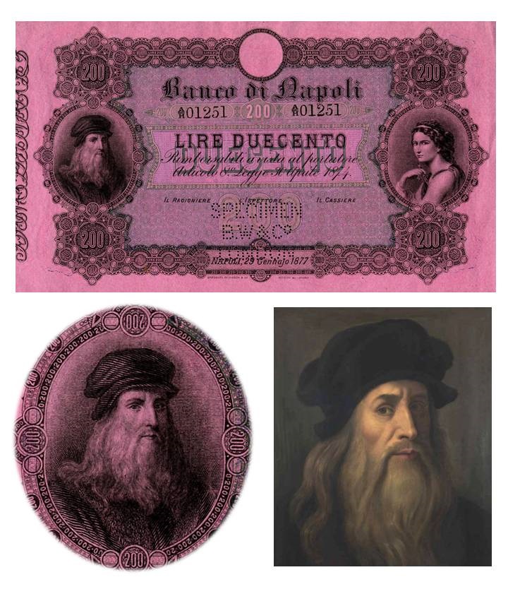 Fede di credito da 1000 lire emessa nel 1877 e ritratto di Leonardo da Vinci noto come "Tavola Lucana", dettaglio rielaborato nel tondo di sinistra del fronte