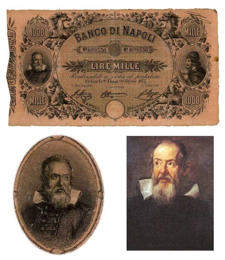 Fede di credito da 1000 lire emessa nel 1870, ovale con ritratto di Galileo Galieli e dettaglio di uno dei celebri dipinti che raffigurano lo scienziato