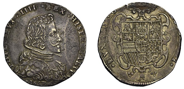 Tra le monete milanesi di Filippo IV con effigie c'è questo filippo in argento da 100 soldi del 1657 Tra le monete milanesi di Filippo IV con effigie c'è questo filippo in argento da 100 soldi del 1657