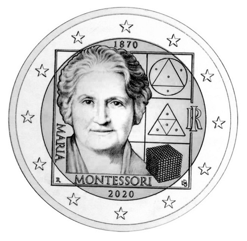 Il volto di Maria Montessori e alcuni dei tanti frutti della sua creatività pedagogica e scientifica sul bozzetto della seconda 2 euro italiana in programma il prossimo anno