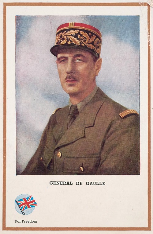 Charles De Gaulle in una cartolina inglese dedicata ai personaggi della Seconda guerra mondiale impegnati nella difesa della libertà