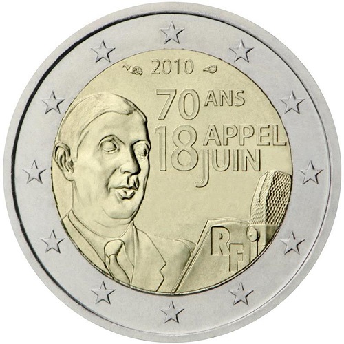 De Gaulle sui 2 euro commemorativi del 2010 dedicati al 70° dall'appello alla resistenza lanciato dal generale dai microfoni della BBC