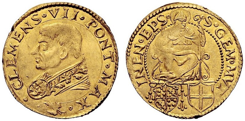 Il magnifico e rarissimo ducato modenese a nome di papa Clemente VII sul cui dritto, ben evidenti sulla spilla della stola, appaiono due demonietti ghignanti