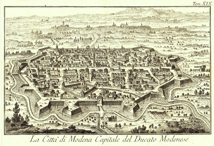 Una veduta di Modena, qui capitale del Ducato e non sotto dominio pontificio: nella zecca cittadina furono battute le rarissime monete per Clemente VII