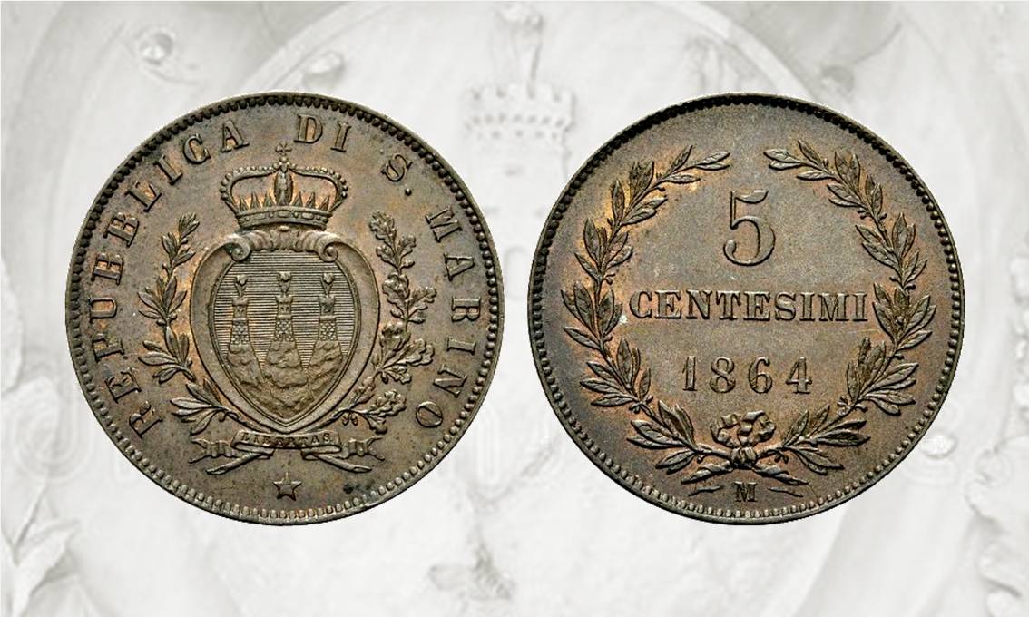 I 5 centesimi di lira coniati a Milano nel 1864: la prima vera moneta di San Marino coniata in 280 mila pezzi e oggi rara
