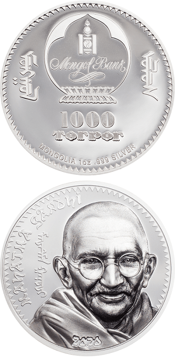 Il rivoluzionario Mahatma Gandhi sui 1000 togrog in argento proof appena emessi dalla Mongolia