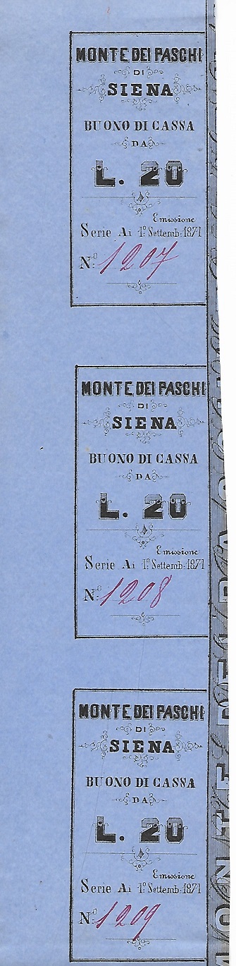 Il "segnalibro numismatico" segnalatoci dal nostro lettore è formato da tre matrici per altrettanti buoni del Monte dei Paschi di Siena da 20 lire del 1871