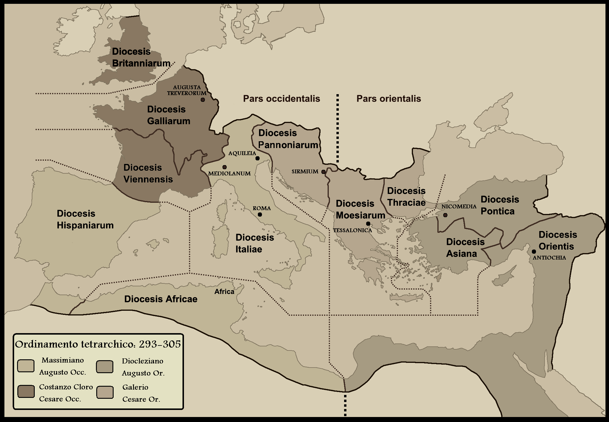 La suddivisione tetrarchica dell'Impero romano sancita nel 293 e che sarebbe rimasta immutata fino al 305: in ciascuna delle due parti un augusto e un cesare per reggere le "dioceses" amministrative