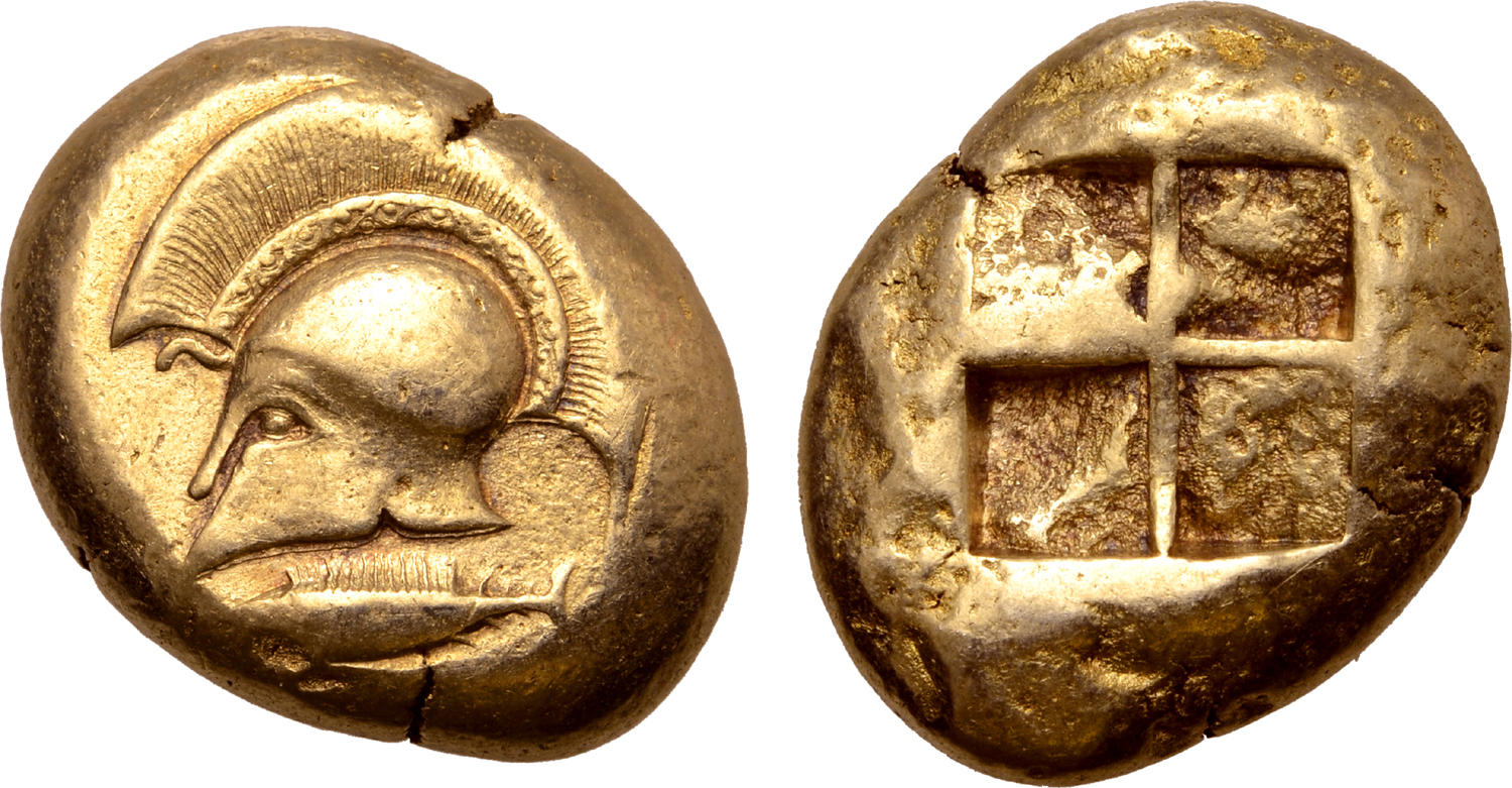 Un elmo corinzio di profilo effigiato su un raro statere di Cizico, Misia, coniato nel 500-450 a.C. (oro, g 16,13 per mm 20 circa)