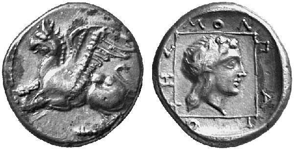 Una bella dracma di Abdera, Tracia, coniata in argento nel periodo 386-375 a.C. (g 2,82 per mm 15 circa): al dritto il grifone 