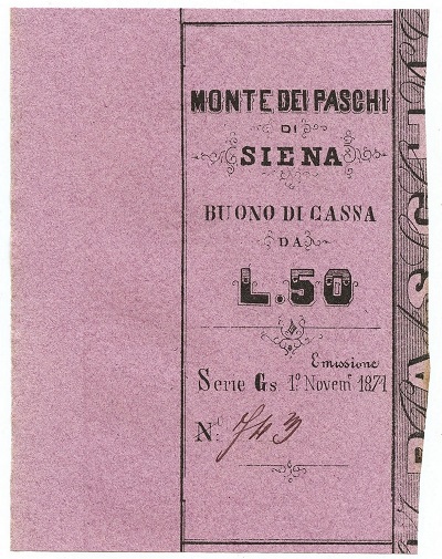 Matrice di un buono di cassa senese da 50 lire emissione 1871 in carta rosa (courtesy www.cartamoneta.com)