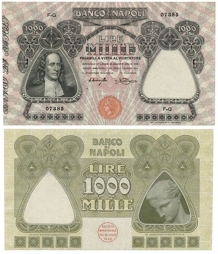 Il biglietto al portatore da 1000 lire dle Banco di Napoli emesso tra il 1909 e il 1922, ultimo "alto valore" dell'istituto di credito del Meridione prima della revoca del diritto di emissione nel 1926 (courtesy Cartmoneta.com)