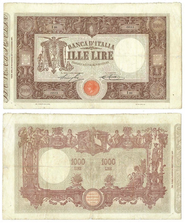 La "millelire" per antonomasia, quella tipo "Grande M" ideata da Rinaldo Barbetti e che, emessa per la prima volta con matrice nel 1897, circolò nelle tasche degli italiani fino al secondo dopoguerra