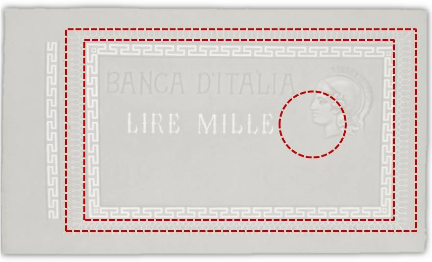 Le linee tratteggiate mostrano la sovrapposizione tra il foglio filigranato e gli elementi base del biglietto Barbetti: l'ellisse della filigrana, la vignetta stampata, i margini esterni (matrice esclusa) Le linee tratteggiate mostrano la sovrapposizione tra il foglio filigranato e gli elementi base del biglietto Barbetti: l'ellisse della filigrana, la vignetta stampata, i margini esterni (matrice esclusa)