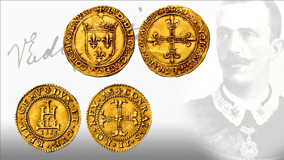 Due scudi d'oro genovesi, uno a nome di Luigi XII re di Francia risalente al 1507 e l'altro a nome dei dogi biennali millesimato 1536: monete come queste facevano parte del ricchissimo tesoro di Valpolcevera