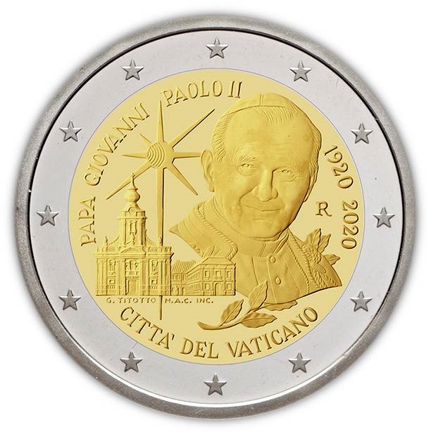 Ecco la 2 euro che il Vaticano emetterà il prossimo 23 giugno per celebrare un secolo dalla nascitò di Karol Wojtyla, il papa polacco divenuto santo e che ha cambiato il mondo e la Chiesa