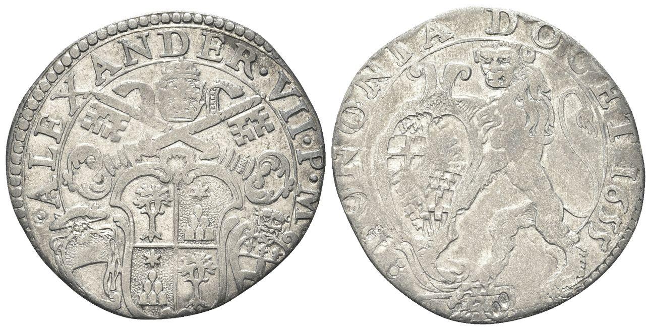 Lira bolognese in argento del primo periodo di pontificato di Alessandro VII Chigi; porta la data 1655