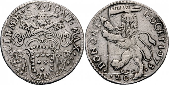 Nuova lira bolognese del 1673, a nome di papa Clemente X Altieri, con al rovescio il eone vessillifero