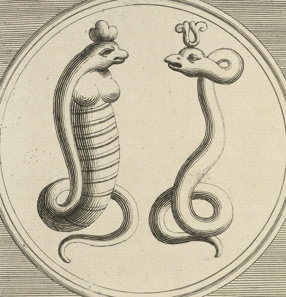 Iside e Serapide con corpi "serpentini" da un'incisione del XVIII secolo dedicata alle antichità classiche e alla mitologia