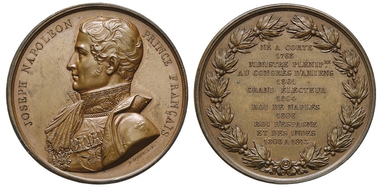 Medaglia omaggio a Giuseppe Napoleone (1768-1844) coniata nel 1813 a Parigi e incisa da Dubois & Denon (bronzo, mm 50,8 per g 59,3)